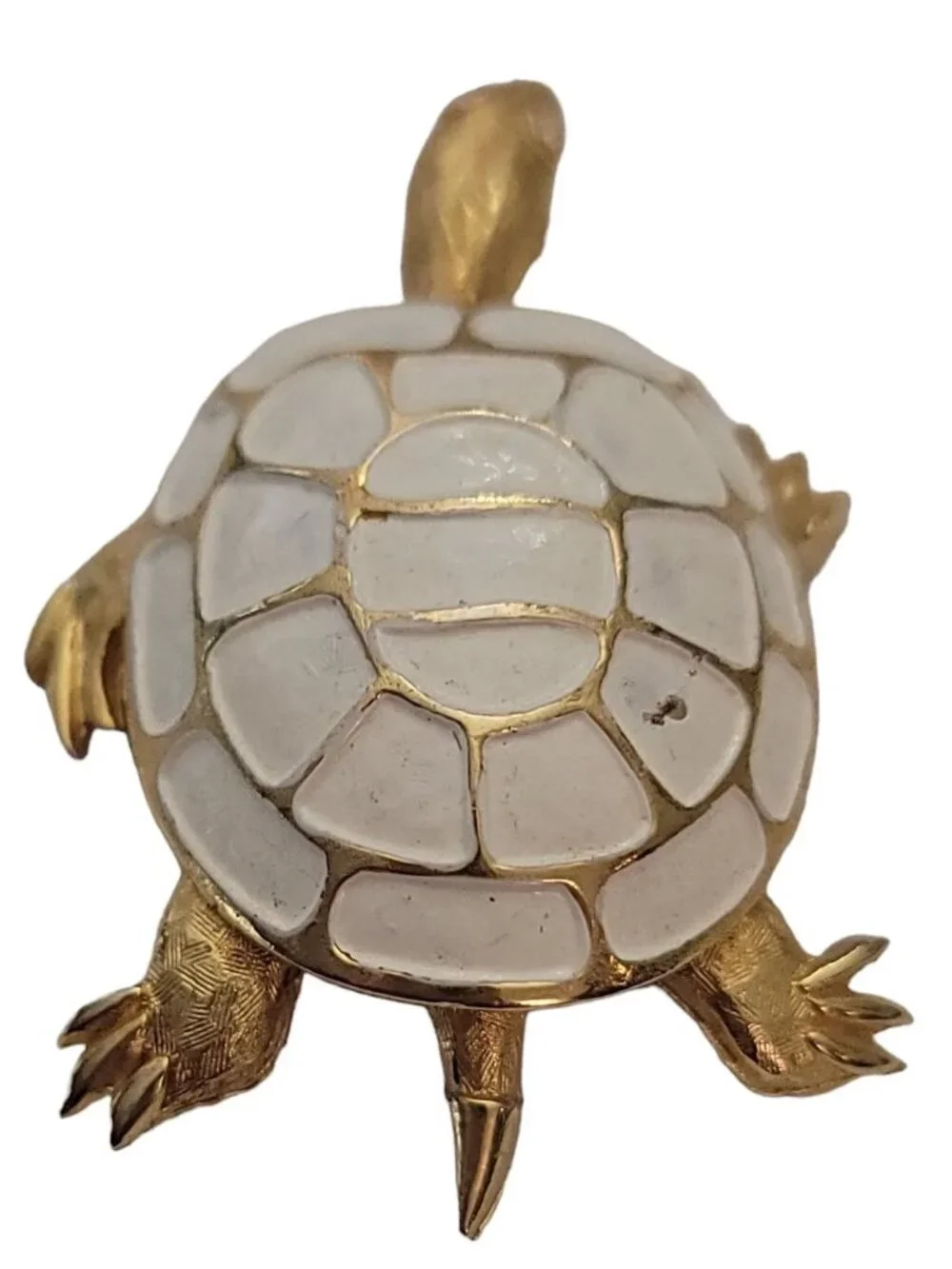Vintage Gold Tone White Enamel Clear Rhinestone Turtle Brooch Pin E896
